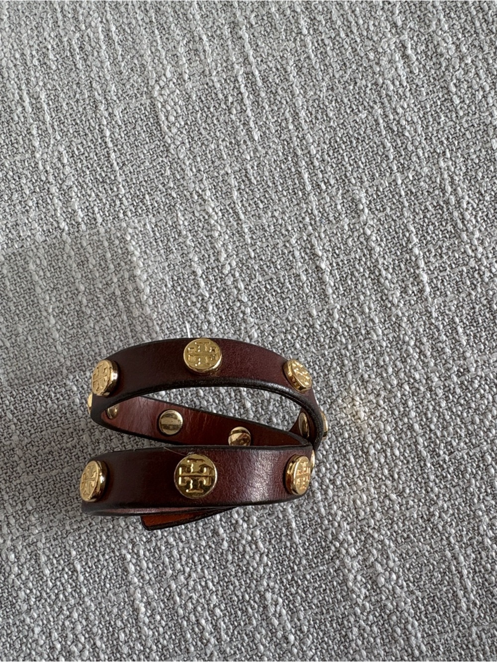Tory Burch Brown Leather Wrap Bracelet with Gold Logos
